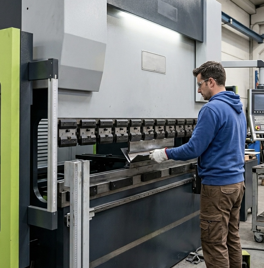 Press brake operator bending sheet metal in a Cambridge manufacturing workshop
